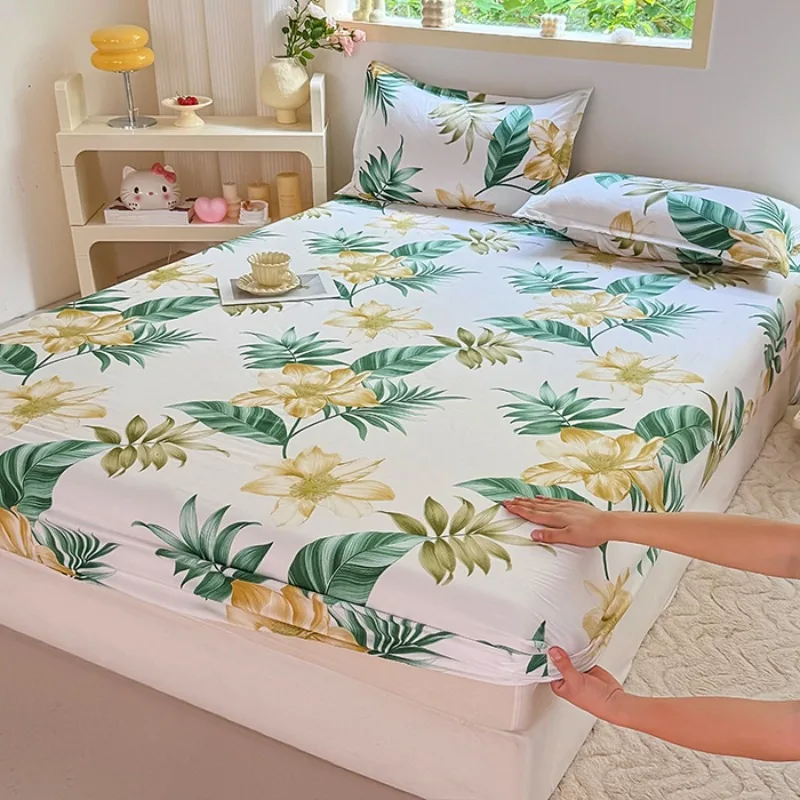3PC Tropical Floral Fitted Sheet Set, Green Leaf Flower Printed Bedding Set with Pillowcases - Image 4