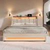 PINGGO Upholstered Double Bed with LED Lighting, Storage Headboard, 6FT Super King Size Storage Bed Frame (No Mattress)