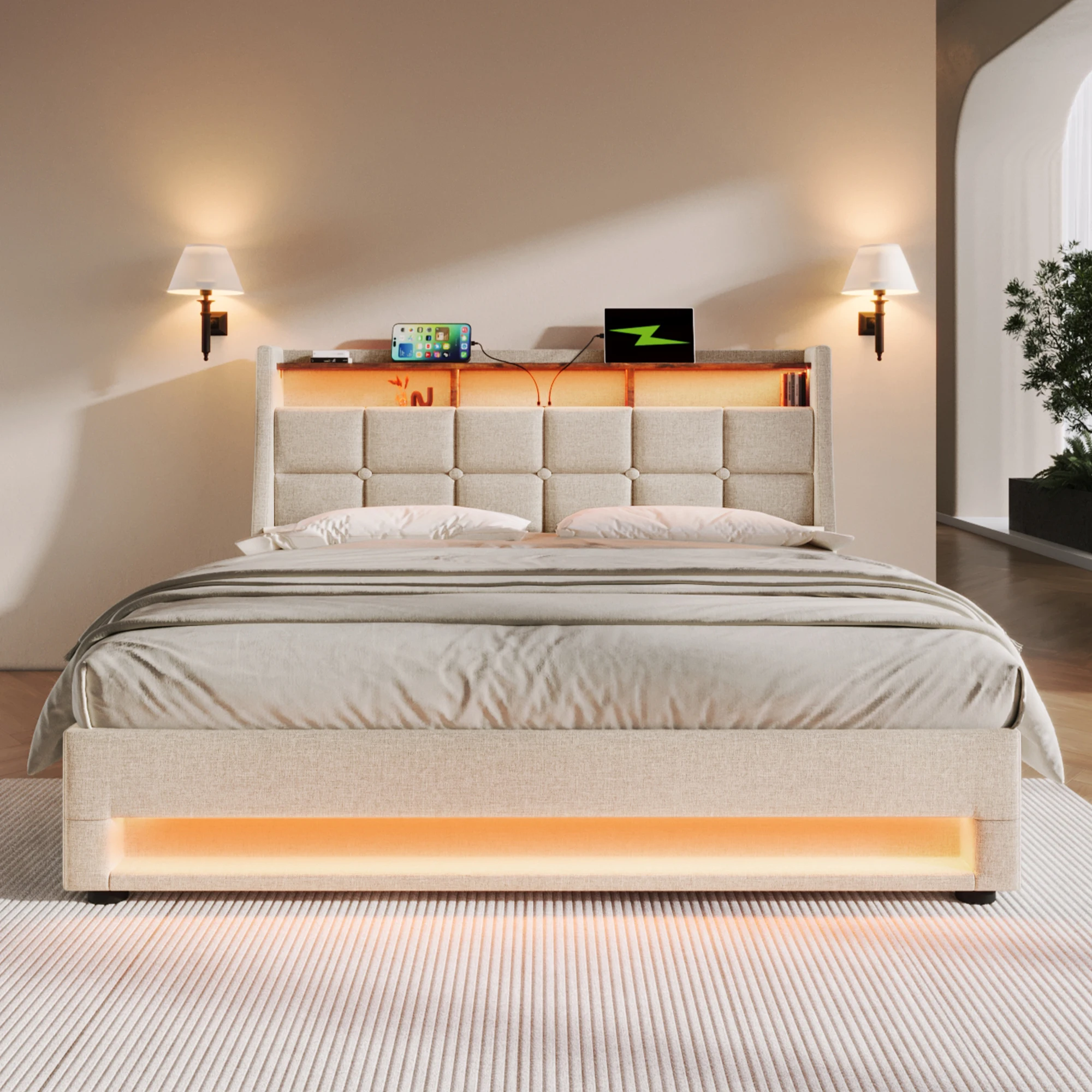 PINGGO Upholstered Double Bed with LED Lighting, Storage Headboard, 6FT Super King Size Storage Bed Frame (No Mattress)