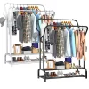 Wall Clothes Rack Double Rail Clothes Rail Shoes Rack 146*110*35cm Standing Clothes Rack Storage Shelf for Wardrobe Room Bedroom