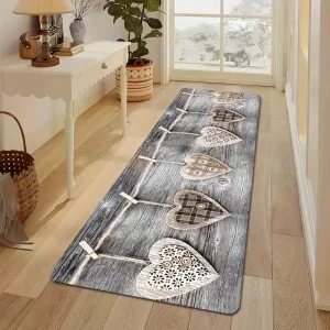 Rustic Wood Grain Heart Print Runner Mat, Non-Slip, Machine Washable, Fade-Resistant, Suitable for Hallway,Kitchen, Laundry Room