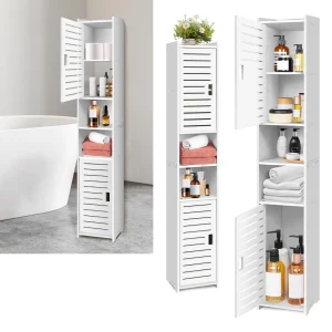 BRIEFNESS 5-Tier Tall Bathroom Cabinet Storage Cupboard PVC Floor Standing Tallboy Unit,Free Standing Slim Bathroom Storage Unit