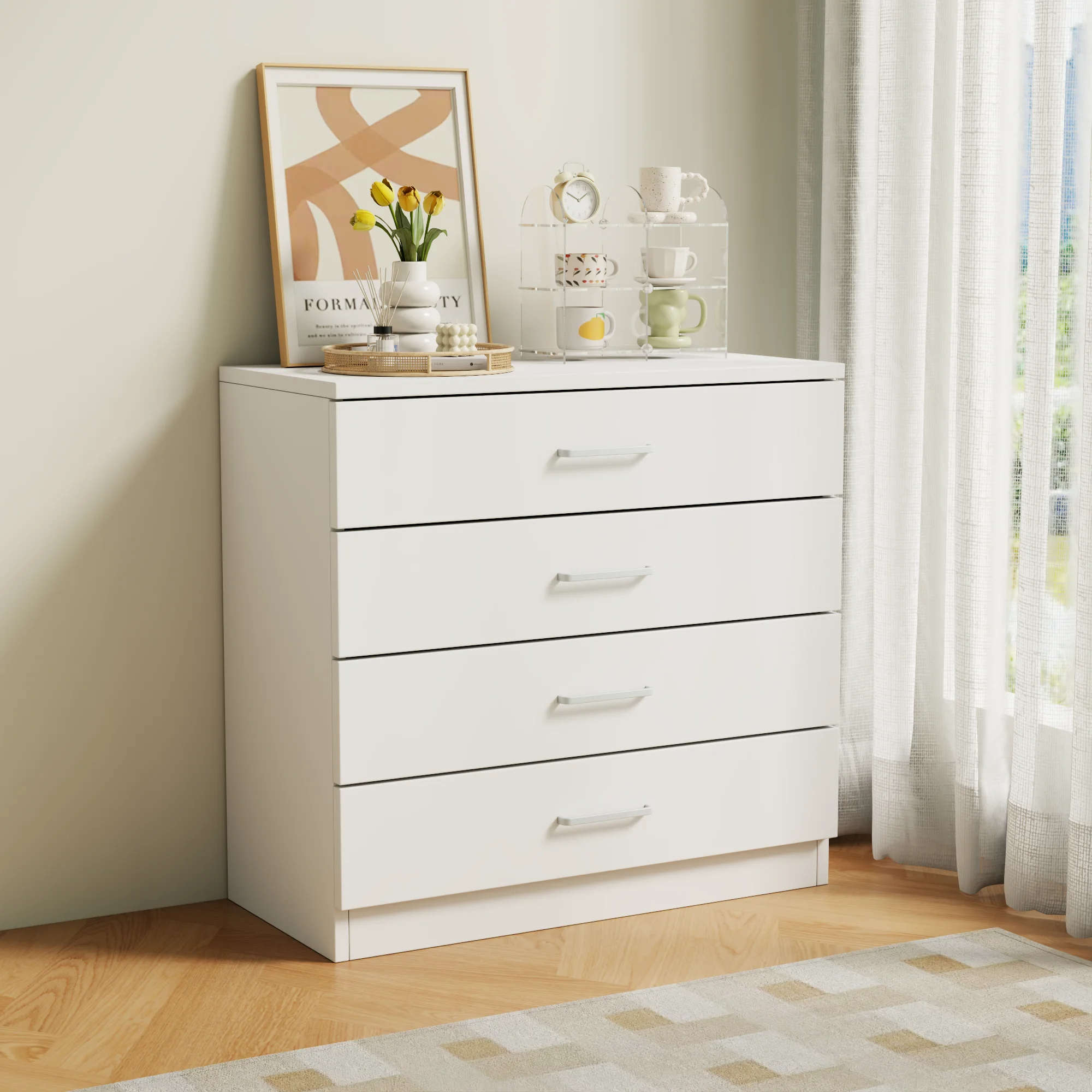 4-Drawer Chest of Drawers with Metal Handles-Heavy-Duty Hardwood&HDF Construction,Spacious Storage Cabinet with Flat Panel Doors