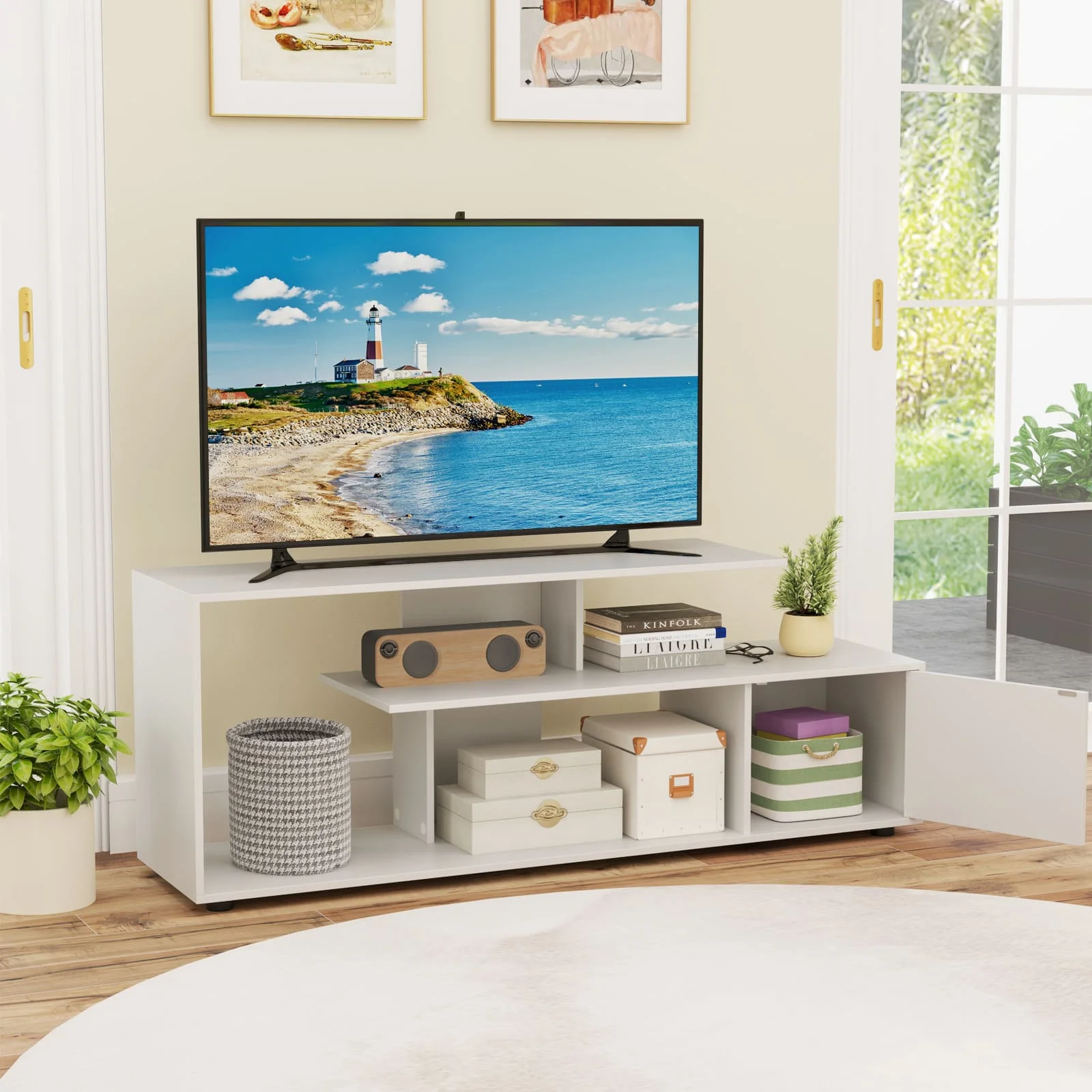 GOFLAME TV Stand for TVs up to 55” 3-Tier Media Console Table w/Storage-White - Image 2