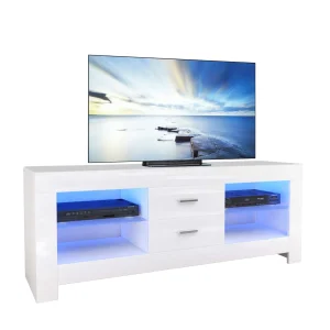Dripex LED TV Stand Cabinet with Drawer & Shelves, 130cm Modern TV Unit with Lights for 22"-52" TVs, White Cream
