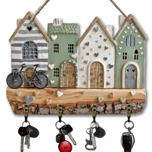2D Flat 1pc Rustic Wall-Mounted Key Holder - Artificial Wood Keychain with 4 Metal Hooks, Suitable for Entryway, Porch, Living
