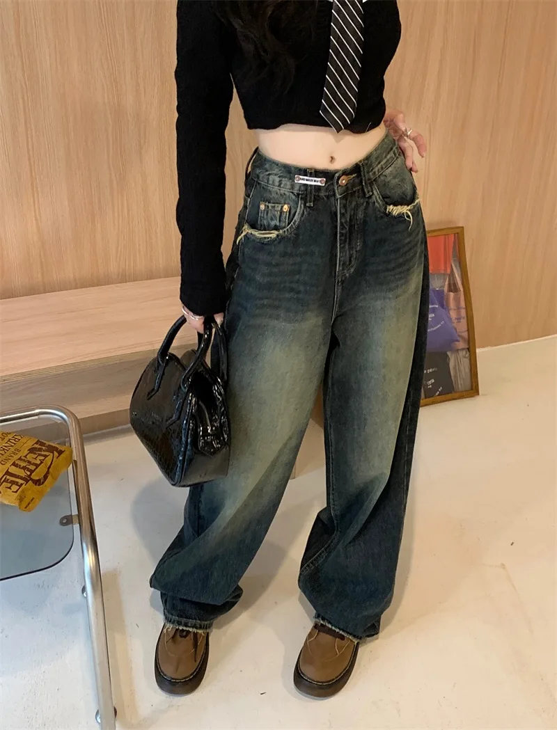 Women's Harajuku Style Loose Wide Leg Jeans Autumn Winter Street Fashion Retro Straight Loose Denim Trousers - Image 6