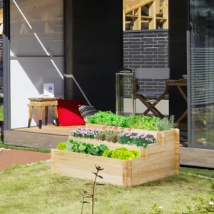 Outsunny 3 Tier Raised Garden Bed 376L Fir Wood Elevated Planter Flower Box with 9 Grow Grids and Non-woven Fabric