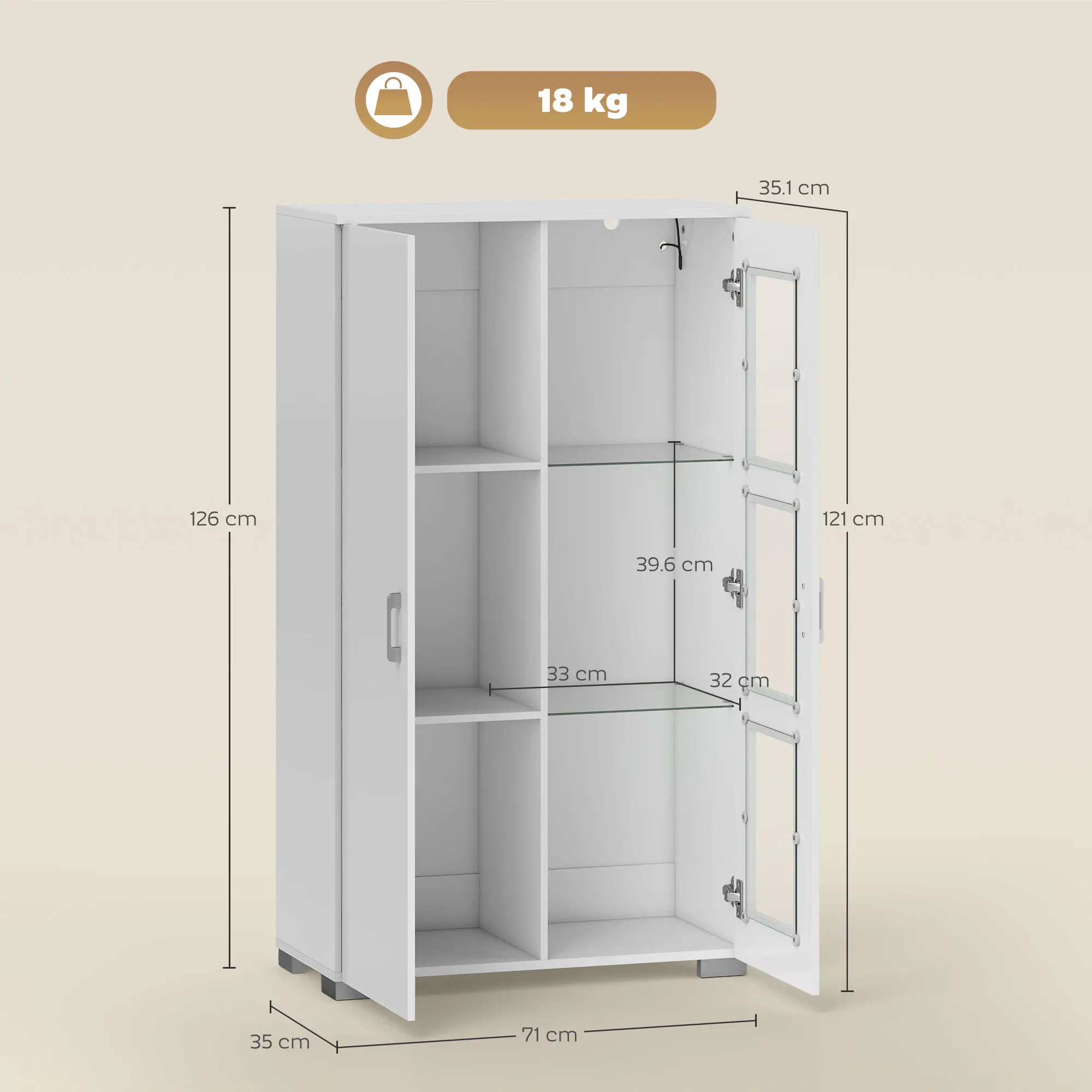 HOMCOM Display Cabinet with Glass Shelves, Sideboard for Living Room, White - Image 3