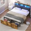 4ft6 Double Bed Frame with 2 Storage Drawers, RGB LED Storage Headboard with Charging Station, Metal Platform Bed Frame