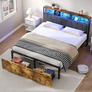 4ft6 Double Bed Frame with 2 Storage Drawers, RGB LED Storage Headboard with Charging Station, Metal Platform Bed Frame