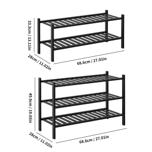2/3-Tier Bamboo Shoe Rack with Free Shoe Horn | Reinforced Stackable Design | Small Space Storage for Entryway & Closet (Black)