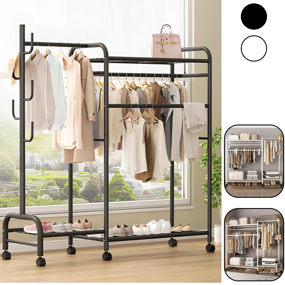 Clothing Rail Coat Rack Movable Multi-Rail Clothes Shelf Floor-Standing Clothes Hanger Bedroom Clothes Rack Stand