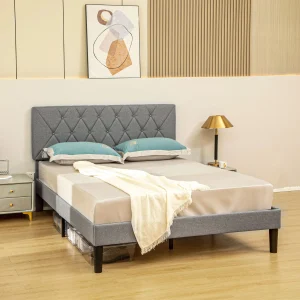 Double Bed Frame with 5-Level Adjustable Linen Upholstered Headboard, Wooden Slats Mattress Foundation, No Box Spring Needed, Gr