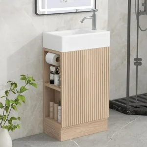 Postmodern Nordic Single Bathroom Vanity 19" Small With Sink,1 Door,Toilet Paper Holder And 2 Tier Shelves,Natural Wood