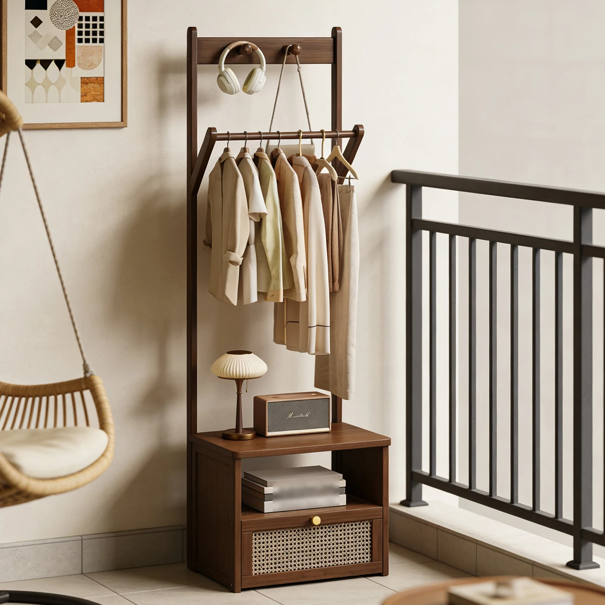 Bamboo 2-in-1 Bedside Rack & Nightstand - Small Space (40/50cm) with Drawer, Shelf & Hanging Rod for Essentials - Image 5