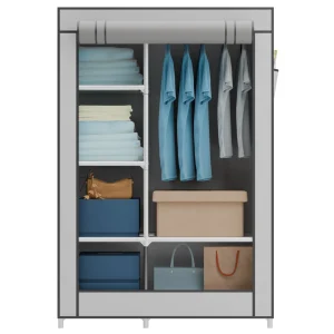 Closet Wardrobe Portable 6 Shelves and 2 Side Pockets Metal Non-Woven Cover Clothing Storage Organizer for Bedroom Dormitory