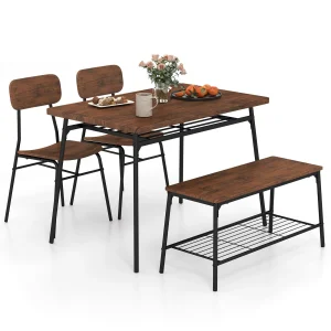 GOFLAME Dining Table Set for 4 Dining Room Kitchen Table w/ Bench-Brown