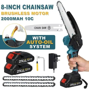 4000W 8'' Mini Cordless Chainsaw 21V Electric One-Hand Saw Wood Cutter 2 Batteries, for Tree Branch Cutting