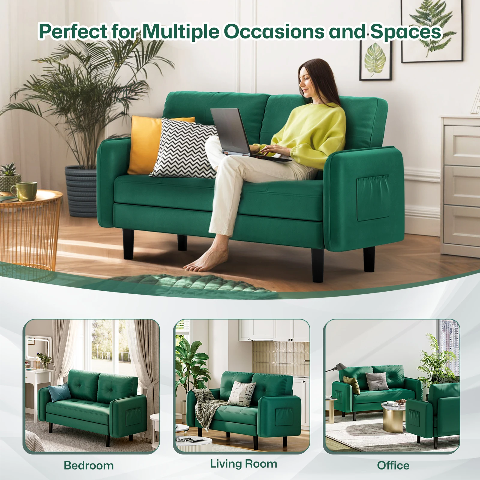 2 Seater Sofa, Modern Velvet Sofa Couch with Thicken Cushions, Comfy Loveseat Sofa for Living Room, Bedroom, Office, Apartment, - Image 3