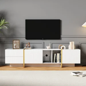 PINGGO Living Room TV Cabinet Media Console With Storage Cabinet And Open Shelving Embossed Pattern TV Cabinet White