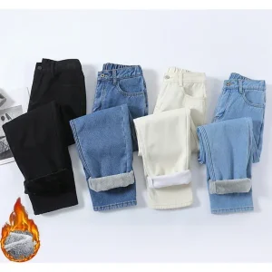 Woman High Waist Vintage Fleece Jeans Female Fashion Thermal Harem Pants Girls Light Blue Black Apricot Dark Blue Denim Trousers