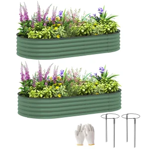 Outsunny Set of 2 Raised Beds for Garden, Outdoor Galvanised Planter Box with Plant Support Stakes, 181 x 93 x 30 cm, Green