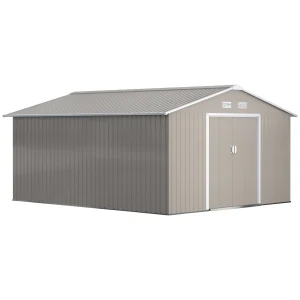 Outsunny 13 x 11ft Metal Garden Shed, Outdoor Storage Tool House with Ventilation Slots, Light Grey
