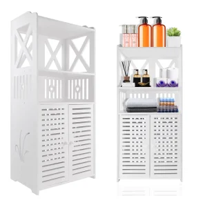 BRIEFNESS PVC Bathroom Cabinet Waterproof Floor Standing Storage Cabinet Storage Cabinet with Double Doors and 3 Shelves-White