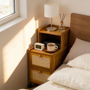 Modern Bamboo Nightstand w/ Drawer, Mobile Side Table for Small Spaces, Sturdy Storage Cabinet.