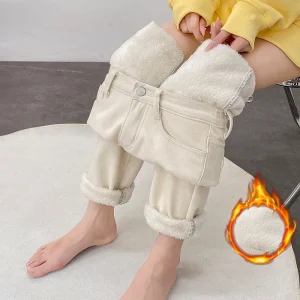 Winter Fleece Warm Women Jeans Ankle Length Fitted Harem Pants Thickened Velvet Apricot Black Blue Fashion Korean Lady Clothing
