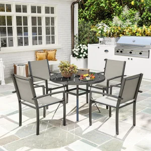 Outsunny 5 Piece Garden Furniture Set, Garden Dining Set with Round Table and 4 Stackable Chairs, Steel Frame, Dark Grey