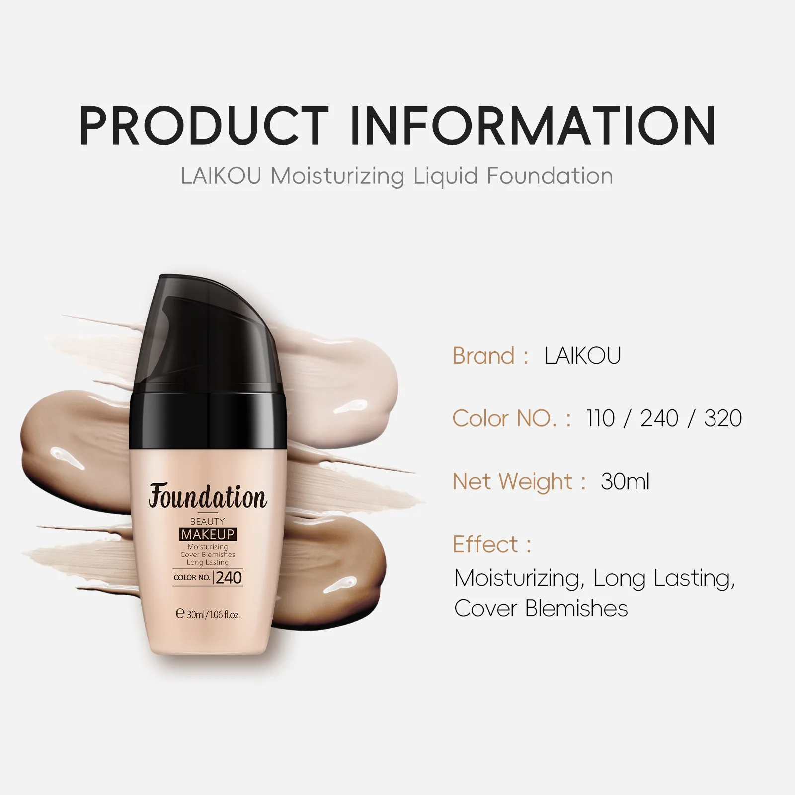 LAIKOU Liquid Foundation Multiple Shades Hydrating Natural Finish Creamy Full Coverage Makeup Base Long Lasting Wear 30ml - Image 2
