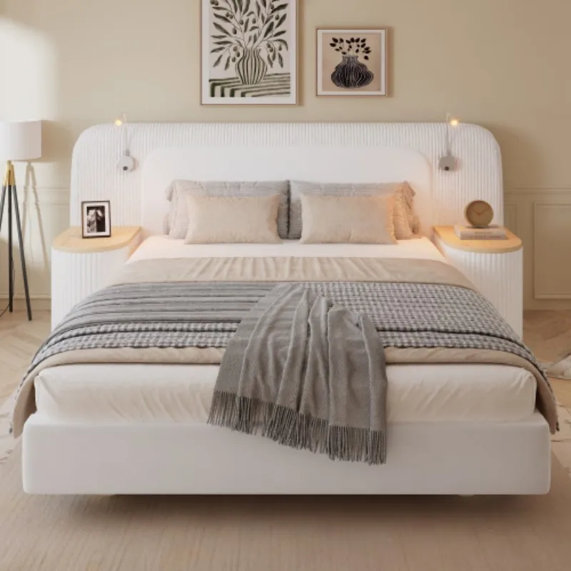 Upholstered bed, 4ft6 double bed 135×190cm, Bedside reading light, Includes bedside table, Velvet + Plywood, Beige - Image 2