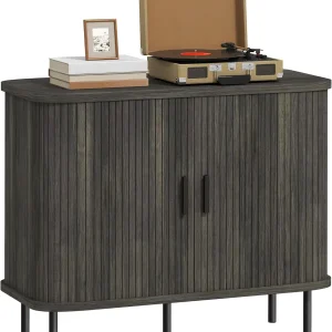 Mid-Century Modern Sideboard Storage Cabinet with Slatted Tambour Sliding Doors, Kitchen Cabinet with Steel Legs, Grey