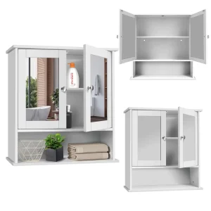 Bathroom Mirror Cabinet Bathroom Storage Cupboard with Double Doors & Adjustable Shelf, Home Wooden Hanging Organized Unit