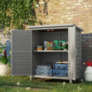 Outsunny Garden Shed Wooden Garden Storage Shed 2 Door Unit Solid Fir Wood Garage Tool Organisation Cabinet,Grey