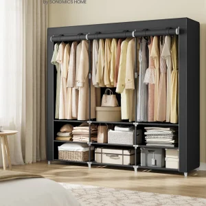 SONGMICS Clothes Wardrobe, Portable Closet, 45 x 188 x 176 cm, 3 Hanging Rails, Shelves, and 4 Side Pockets, Large Capacity