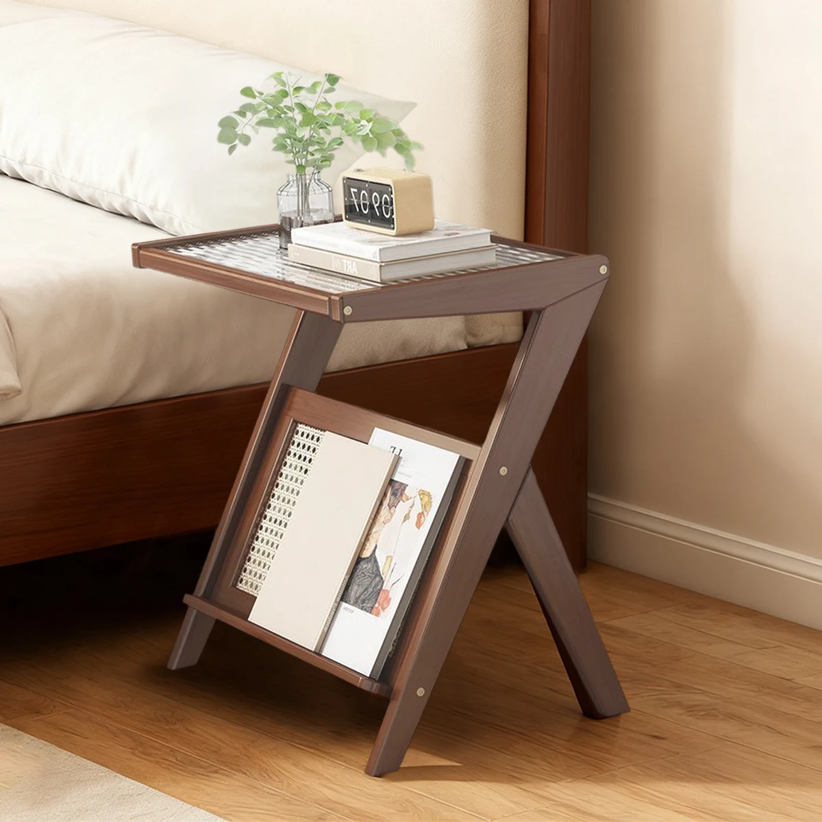 Compact Acrylic-Top Rattan Nightstand Bamboo Storage Shelves Boho Bedroom/Living Room Coffee Table Set - Image 4