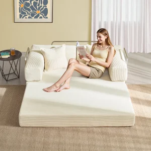 Foldable Sofa Bed, 62'' Folding Floor Couch, Compressed Convertable Sleeper Sofa, Memory Foam Couch with Pillow Back Support Ar