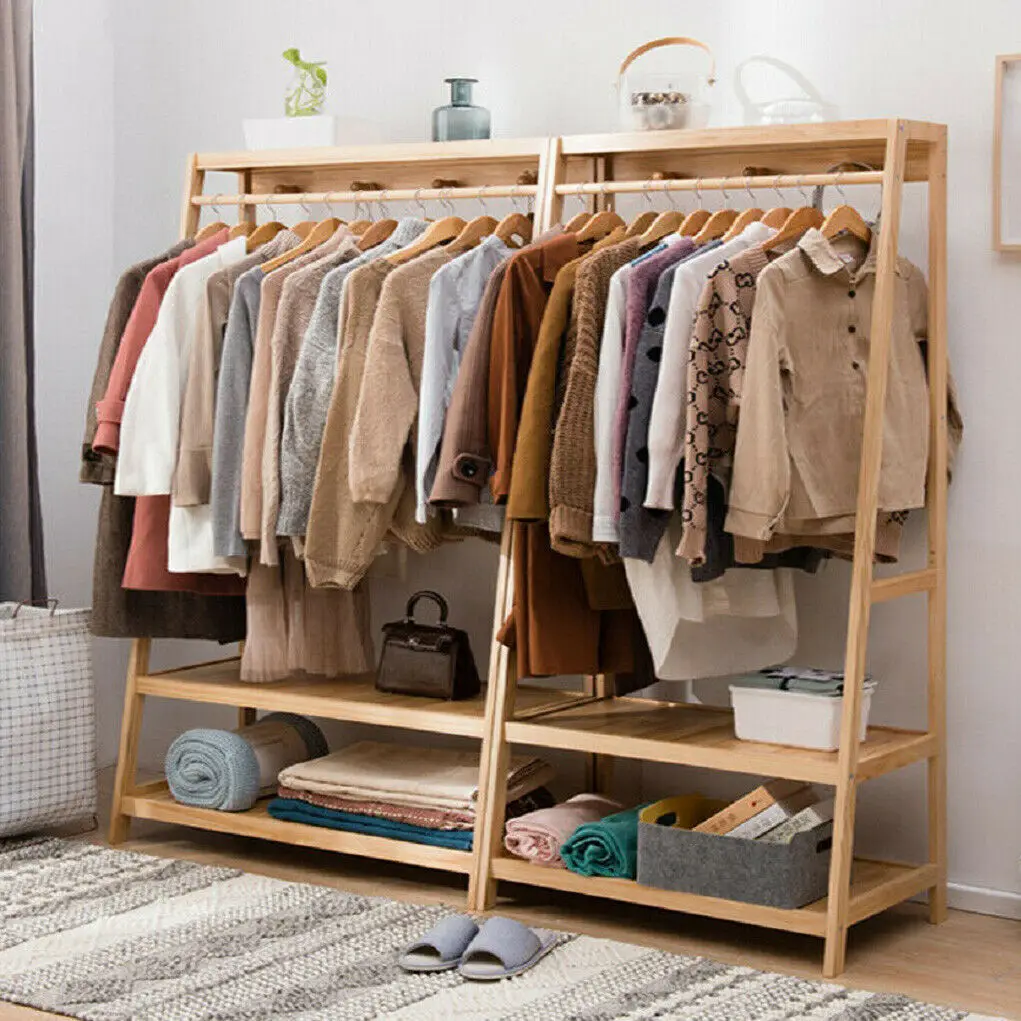 Bamboo Clothes Rail Stand Garment Rack Heavy Duty with 3 Tier Storage Shelves - Image 6
