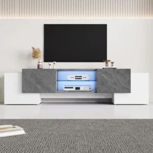 TV Stand Cabient,4 Doors,2 open storage areas, TV Cabinet Storage Sideboard with LED lights,White and Grey,MDF