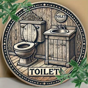 1 Piece 2D Vintage Rustic Wooden Toilet Theme 20cm Round Wooden Wall Art Sign Easy to Hang Durable Home Garden Bar Cafe Room