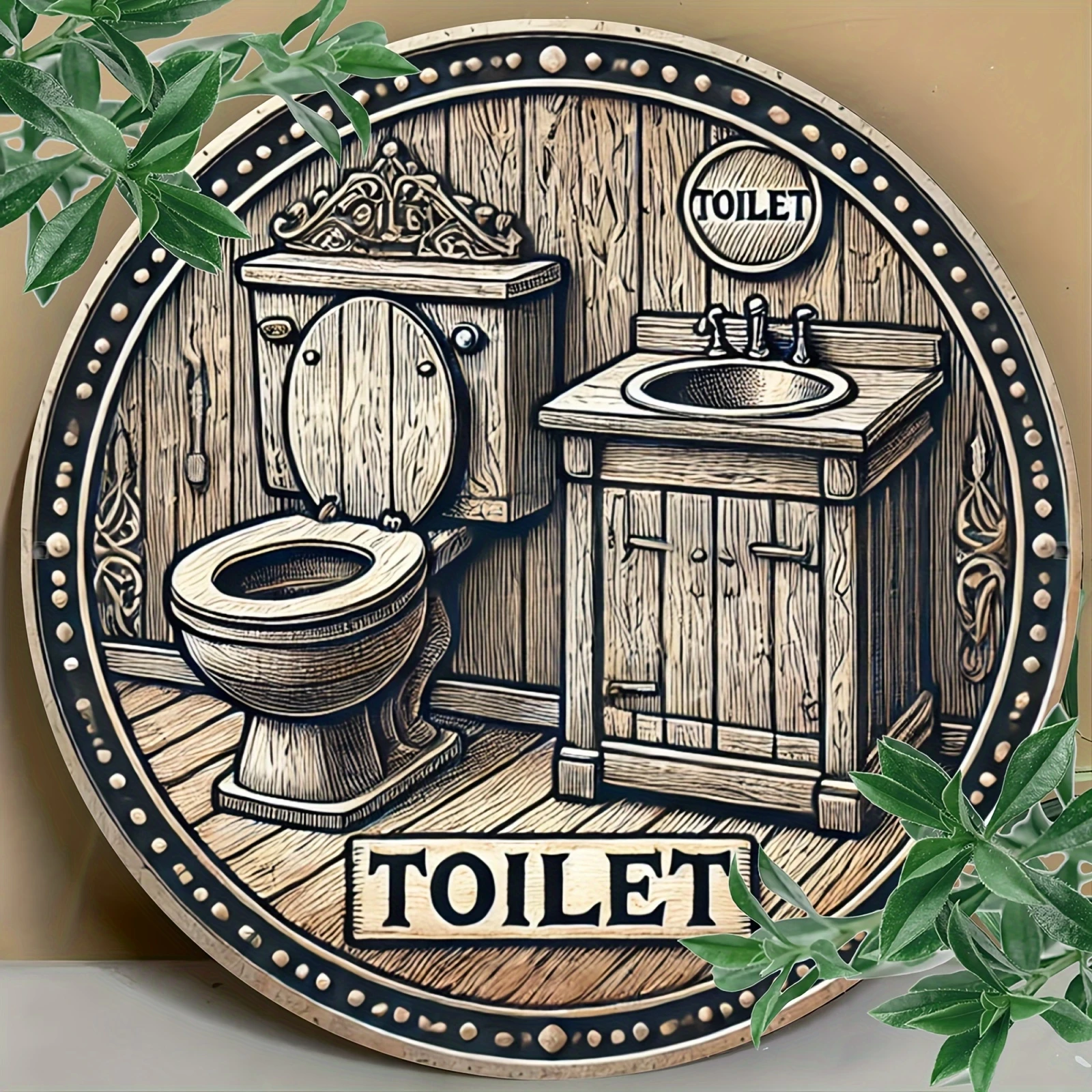 1 Piece 2D Vintage Rustic Wooden Toilet Theme 20cm Round Wooden Wall Art Sign Easy to Hang Durable Home Garden Bar Cafe Room
