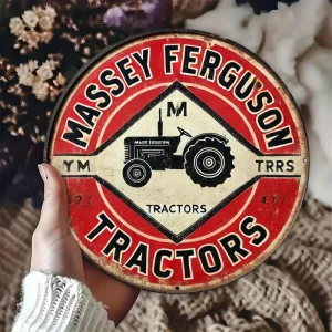 Vintage Rustic 1pc Round Metal Aluminum Sign | Massey Ferguson Tractor Tin Plaque Wall Art Decor | Retro, Multipurpose