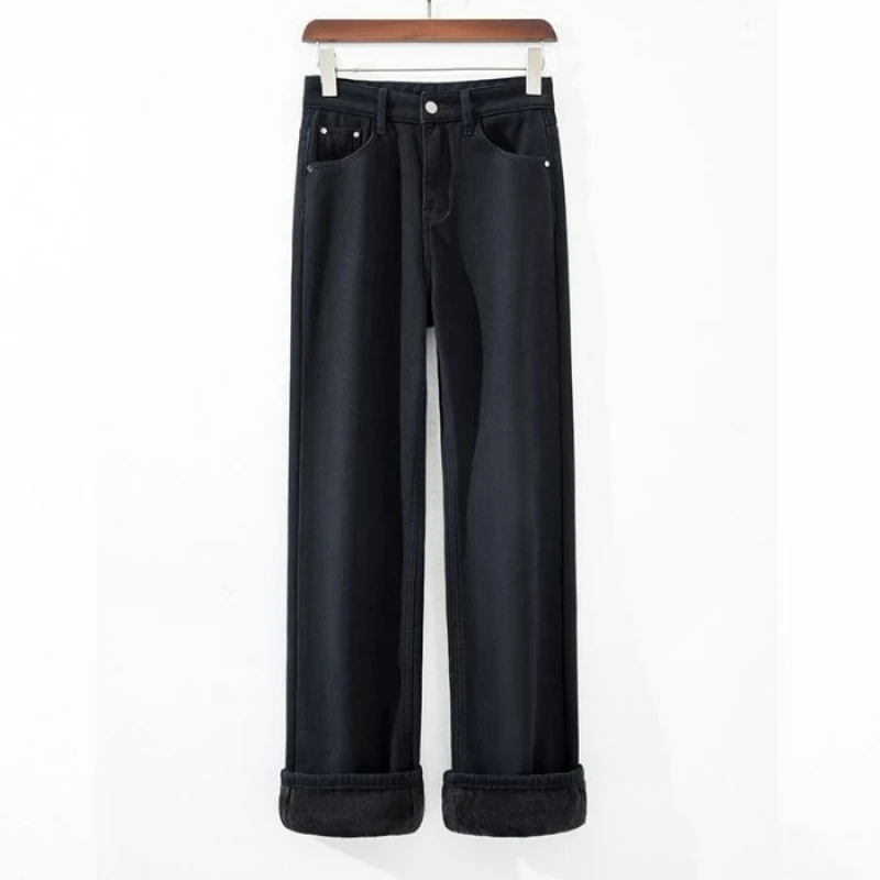 Women's Autumn/Winter Jeans Fleece-Lined and Thickened Straight-Leg Loose-Fit Plus Size for Cold Weather Classic Stretch Trouser - Image 6