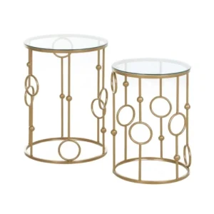 Round Coffee Tables Set of 2, Gold Nesting Side End Tables with Tempered Glass Top, Steel Frame for Living Room, Gold