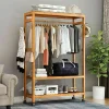 Bamboo Garment Rack with Wheels, Clothing Rack for Hanging Clothes with Hooks, Multi-functional Bedroom Clothes Rack