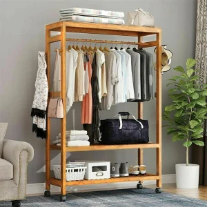 Bamboo Garment Rack with Wheels, Clothing Rack for Hanging Clothes with Hooks, Multi-functional Bedroom Clothes Rack