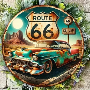 Vintage Route 66 Metal Wall Art Sign - 8x8 Inch Retro Americana Decor with Classic Car & Desert Scene - Rustic Tin
